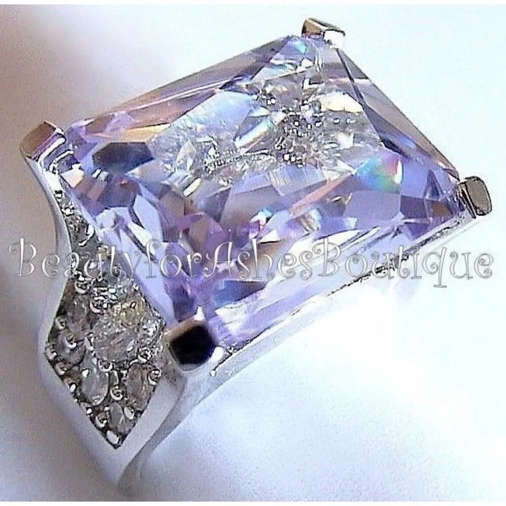 Light Purple Amethyst Lavender Cz Chunky Cocktail Rectangle Prom Ring Size 8